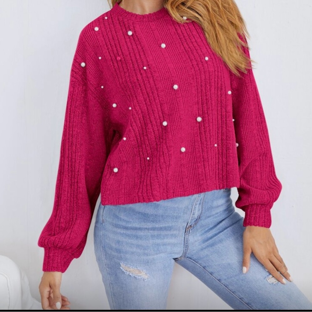 Pink Sweater with Pearl Accents